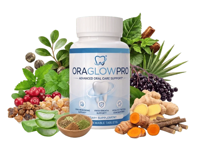 OraGlowPro chewable oral care tablets shown with the botanical ingredients in the formula