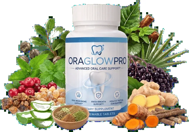 OraGlowPro oral care chewable tablet bottle surrounded by mint, cranberries, aloe, ginger and turmeric