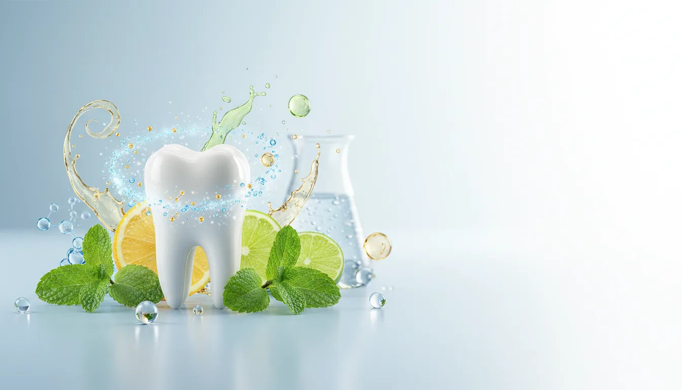 A clean white tooth surrounded by mint leaves, citrus slices and water droplets